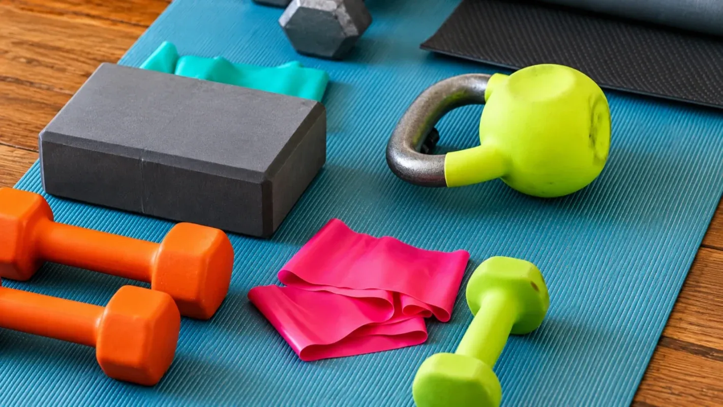 At-home training setup with a mat and resistance bands