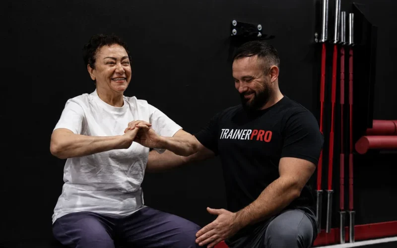 Senior woman doing a seated exercise with a Trainer Pro personal trainer